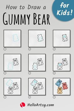 Step by step images demonstrating a how to draw a gummy bear - A Drawing Lesson for Kids! Gummy Bear Drawing, Candy Drawing, Bear Sketch, Draw A Face, Doodle Art For Beginners, Drawing Lesson, Bear Drawing, How To Shade