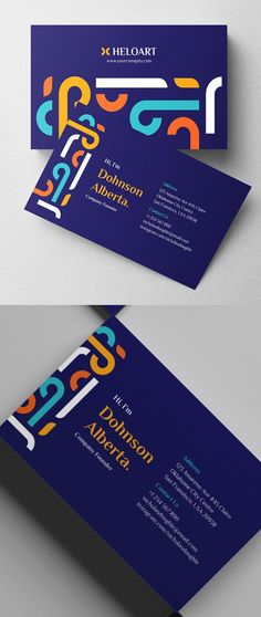 two business cards with different colors on them