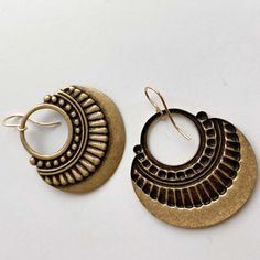 Large antiqued bronze finish crescent moon Boho hoops with geometric detail hang from high quality 14K gold fill simple French loop ear wires.

 	Matte silver pendants are stamped brass, 1 3/4″ long and 1 1/4″ wide.
 	Lightweight but substantial.
 	These earrings are best sellers in both brushed matte brass gold and in sterling silver finish.
 	Ear wires are hypoallergenic 14K gold fill for sensitive ears.
 	Also available antiqued silver with .925 sterling silver ear wires.
 	This design is onl Bronze Brass Hoop Earrings With Ear Wire, Bronze Ear Wire Hoop Earrings In Brass, Small Hoop Bronze Brass Jewelry, Bronze Brass Small Hoop Earrings, Brass Hoop Earrings With Oxidized Finish, Bronze Brass Hoop Earrings, Small Bronze Metal Hoop Earrings, Oxidized Brass Hoop Earrings, Bronze Brass Hoop Earrings With Oxidized Finish