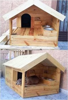 two pictures of a dog house made out of wooden pallets and one has a cat in it