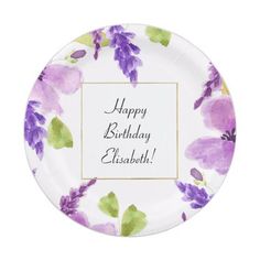 a paper plate with purple flowers on it and the words happy birthday elizabeth written in gold