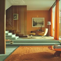 a living room filled with furniture and orange curtains