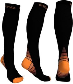 three pairs of black and orange socks with the word physx written on them