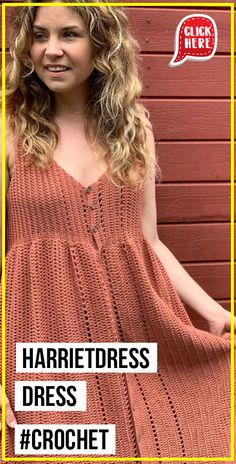 a woman standing in front of a red wall with the words harriet dress crochet