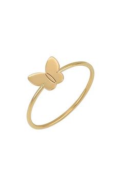 This 14-karat-gold ring topped with a dainty butterfly adds whimsy to your stack. 1/4"W x 1/4"L setting; 1/8" band width 14k gold Imported Adjustable Butterfly Shaped Yellow Gold Jewelry, Adjustable Elegant Rings With Butterfly Charm, 14k White Gold Butterfly-shaped Jewelry, 14k White Gold Butterfly Jewelry, Adjustable Gold-colored Sterling Silver Butterfly Ring, Dainty Rings With Butterfly Charm, Dainty Yellow Gold Butterfly Jewelry, Dainty Butterfly Rings With Charm, Dainty Butterfly Charm Rings