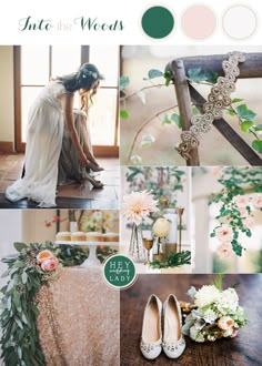 a collage of photos with flowers, greenery and wedding shoes on the floor