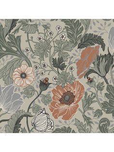 a floral wallpaper with orange and gray flowers on grey, green, red and white colors