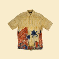 Vintage 90s novelty print men's shirt with brush stroke yellow abstract pattern and a scene of a city/beach street with palm trees and patterns. Lightweight button down shirt with a collar and short sleeves, manufactured ca. 1990s by Puritan. Size S.   - Time Period: c. 1990s  - Brand: Puritan  - Size: S  - Colors: Yellow, orange, blue, green  - Materials: 100% rayon  - Made in: Korea  - Condition: In poor to fair, vintage condition with a few markings and a hole on the front, loose stitching in the armpits and a hole on one of the back arms (along the stitching). There is some discoloration on the interior side of the collar. Please see close-ups and let us know if you have any questions. Measurements:   - Armpit to armpit: 20.5"  - Shoulder: 17.25"  - Length: 39"  - Sleeve: 10.25" Note: Summer Patterned Shirt With Vintage Print, Patterned Shirt With Vintage Print For Summer, Summer Vintage Print Patterned Shirt, Vintage Print Relaxed Fit Summer Shirt, Summer Vintage Print Relaxed Fit Shirt, Relaxed Fit Vintage Print Summer Shirt, Retro Patterned Shirt For Summer, Summer Graphic Print Patterned Shirt, Summer Abstract Print Button-up Top