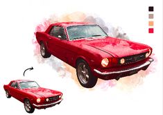 an image of a red car painted in watercolor and then converted into a digital painting