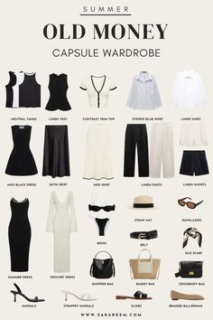 Effortless old Money summer capsule wardrobe Classy Woman Aesthetic Outfit, Tops For Capsule Wardrobe, Classy Fashion Outfits Summer, Old Fashion Outfits Ideas, Summer Elegance Outfit, European Old Money Aesthetic Outfits, Summer Fashion Essentials, New Money Summer Outfits, Outfit Ideas Summer Old Money