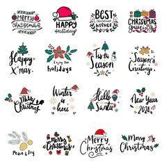 twelve merry christmas and happy new year hand drawn lettering design elements for greeting cards, banners or t - shirts