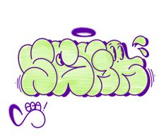 an image of graffiti written in purple and green