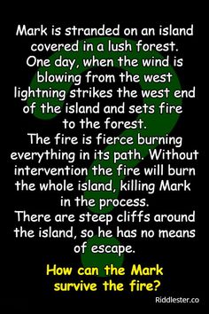 a poem written in green and black with the words mark is stranded on an island covered in lush forest