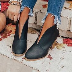 Category:Boots; Upper Materials:PU Leather; Season:Fall,Winter; Heel Type:Chunky Heel; Gender:Women's; Activity:Walking; Toe Shape:Pointed Toe; Type:Booties Ankle Boots; Style:Vintage,Casual,Minimalism; Heel Height(inch):2-3; Outsole Materials:Rubber; Occasion:Daily,Outdoor,Office; Closure Type:Loafer; Pattern:Solid Colored; Production mode:Self-produce; 2024 Trends:Plus Size; Foot Length:; Foot Width:; Size chart date source:Provided by Supplier.; US Size:null; UK Size:14.5; EU Size:50 Holiday Sandals, Stacked Heel Ankle Boots, Cutout Ankle Boots, Thick Heel Boots, Boots Fall Ankle, Chelsea Boots Heel, Slip On Boots, Boots Fall, Thick Heels