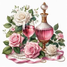 a painting of roses and a bottle of wine with pearls on the table next to it