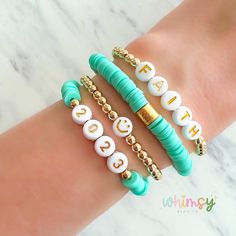 Personalized Custom Aqua and Gold Bracelet Stack, 14kt Gold Filled Non Tarnish Beads, Birthday Present, Socking Stuffer, Gift This adorable aqua bracelet stack is handmade with love by a mama to two little girls! Purchase the individual bracelets you want, or purchase the whole stack. I can customize and personalize any of the words and letters, just let me know what changes you want in the box.  I hope you enjoy this fun and sweet little accessory.  Create and personalize your own stack with th Personalized Green Friendship Bracelets For Birthday, Gold Beaded Bracelets For Birthday, Handmade Gold Friendship Bracelets For Birthday, Green Letter Beads Jewelry For Birthday, Green Jewelry With Letter Beads For Birthday, Gold Name Bracelet With Colorful Beads For Birthday, Gold Friendship Bracelets With Colorful Beads For Birthday, Gold Beaded Bracelets With Colorful Beads For Birthday, Birthday Gold Friendship Bracelets With Colorful Beads