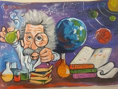 a painting of an old man holding a beakle in front of books and planets