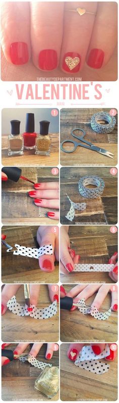 Valentine Nail Art Ideas - Washi Tape Glitter Heart - Cute and Cool Looks For Valentines Day Nails - Hearts, Gradients, Red, Black and Pink Designs - Easy Ideas for DIY Manicures with Step by Step Tutorials - Fun Ideas for Teens, Teenagers and Women http://diyprojectsforteens.com/valentine-nail-art-ideas Do It Yourself Nails, Mermaid Beauty, Valentine Nail Art, Heart Nail, Heart Nails, Diy Manicure, Tutorial Diy, Valentine's Day Nails, Manicure E Pedicure