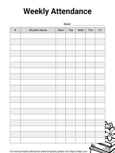 a printable weekly attendance sheet for students with books stacked on top of each other