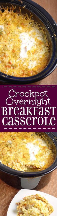 crockpot overnight breakfast casserole with cheese on top and in the bottom