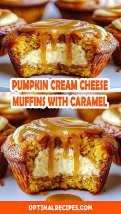 pumpkin cream cheese muffins with caramel drizzled on top and bottom