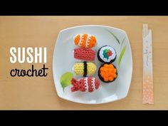 sushi crochet food on a plate with chopsticks