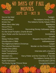 the poster for 40 days of fall movies, with pumpkins and leaves on it