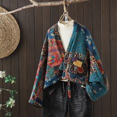 Details: Item: Babakud Women Winter Retro Patchwork Quilted Cotton Linen Jacket Fabric: Cotton and Linen Collar: V- Neck Sleeve Length: Long Sleeves Pattern: Floral Color: Blue, Red Seasons: Autumn, Winter Style: Retro, Casual, Fashion One Size Length: 54- 60 cm/ 21.26- 23.62 " Sleeves Length: 42 cm/ 16.54 " Fall V-neck Patchwork Outerwear, Casual Multicolor Outerwear With Floral Patchwork, Multicolor Patchwork V-neck Outerwear, Cotton Patchwork Cardigan, Fall Patchwork V-neck Outerwear, Bohemian Red Long Sleeve Cardigan, Red Bohemian Long Sleeve Cardigan, Winter Floral Patchwork Long Sleeve Outerwear, Vintage Winter Outerwear With Floral Patchwork