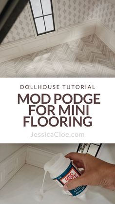 a person is painting the ceiling with white paint on it and text overlay reads, dollhouse tutorial mod podge for mini flooring