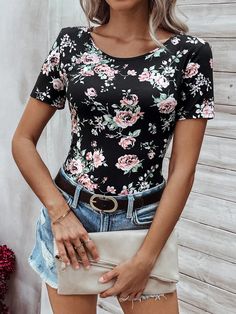 Women's Floral Print Short Sleeve T-Shirt Black Casual  Short Sleeve Knitted Fabric Floral,All Over Print  Slight Stretch  Women Clothing, size features are:Bust: ,Length: ,Sleeve Length: Fitted Floral Print T-shirt With Crew Neck, Spring Floral Print Stretch T-shirt, Black Scoop Neck T-shirt For Fall, Casual Fitted Floral Print T-shirt, Fitted Floral Print Casual T-shirt, Fitted Floral Print Scoop Neck Tops, Floral Print Stretch Crew Neck Top, Stretch Floral Print Crew Neck Top, Black Scoop Neck Top For Spring