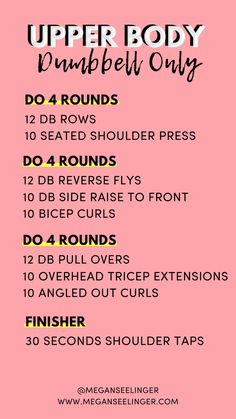 the upper body dumbbell only workout plan is shown on a pink background with black and white