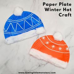 paper plate winter hat craft for toddlers on marble counter top with text overlay