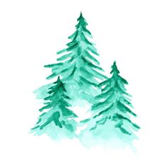 watercolor painting of pine trees in the snow on a white background with blue and green colors