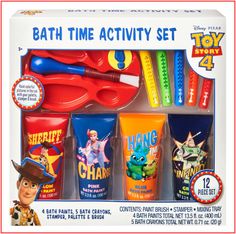 the toy story bath time activity set includes toys such as toothbrushes, toothpaste and more