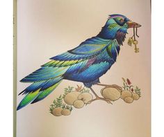 a drawing of a blue bird with a key in it's beak on a branch