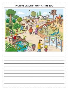 the zoo with animals and people on it is shown in this worksheet for children