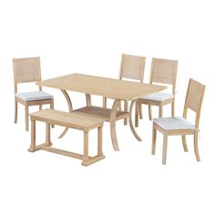 a wooden table with four chairs and a bench in front of it on a white background