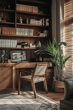 a room with a chair, desk and bookshelf