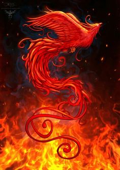 a red bird flying over a fire filled sky