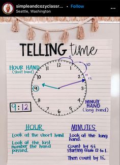 a piece of paper with writing on it that says telling time and an image of a clock