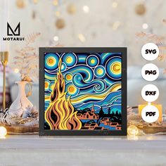 the starry night painting is on display in front of some candles and other decorations