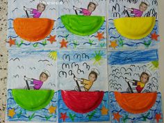 children's art work on paper with pictures of people in the water and stars