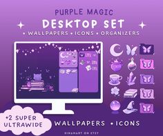 purple magic desktop set with wallpapers, icons and stickers for the computer