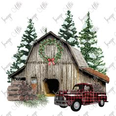 an old red truck parked in front of a barn with christmas wreaths on it