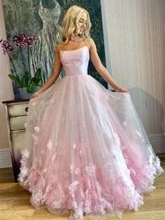 Silhouette:?A Line Waist: Natural Sleeve Length: Sleeveless Fabric:?Tulle, Flower Shown Color: Pink Built-In Bra: Yes 3d Applique, Pink Spaghetti, Prom Dresses Elegant, Maxi Dress Wedding Guest, 파티 드레스