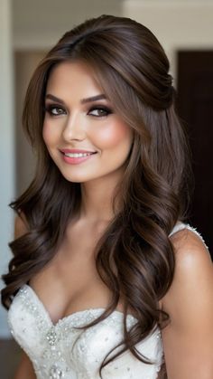 a woman with long brown hair wearing a wedding dress