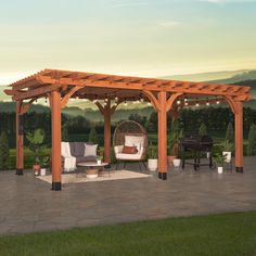 an outdoor living area with patio furniture and string lights on the pergolated roof