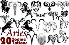 the aries zodiac tattoo designs are all in black and white, with red lettering