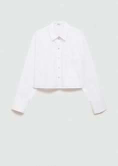 Cropped shirt with pocket - Woman | MANGO USA Classic Cropped Button-up Shirt With Button Cuffs, Modern Collared Shirt With Buttons, Modern Button-up Shirt With Placket, Modern Shirt With Placket For Fall, White Long Sleeve Cropped Shirt With Button Closure, Modern Fall Shirt With Placket, Chic Poplin Shirt For Work, Classic Collared Cropped Shirt With Pockets, White Button-up Poplin Blouse