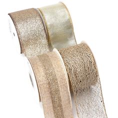 two rolls of gold glitter ribbon on white background